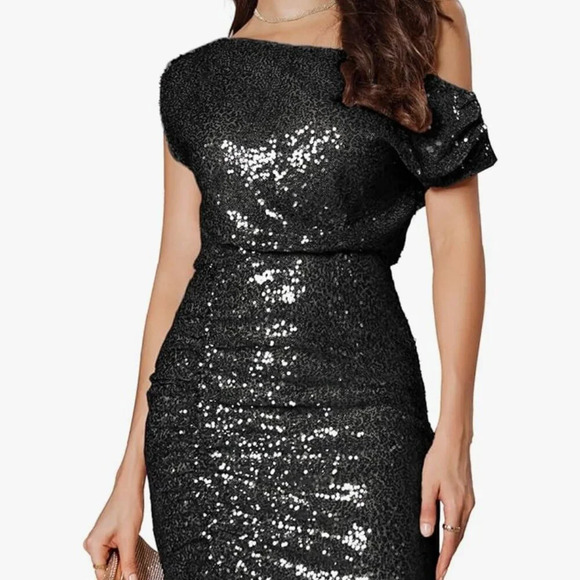 🎉HP🎉Grace Karin one shoulder sequin bodycon black dress NWT - Picture 4 of 7